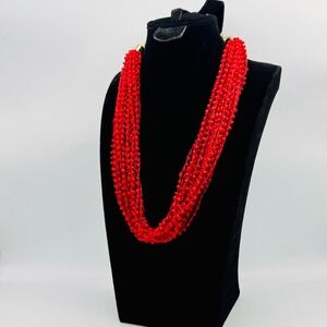 Red Multi Strand Seed Bead Statement Necklace Woven Chunky Bib Gold Tone Clasp
